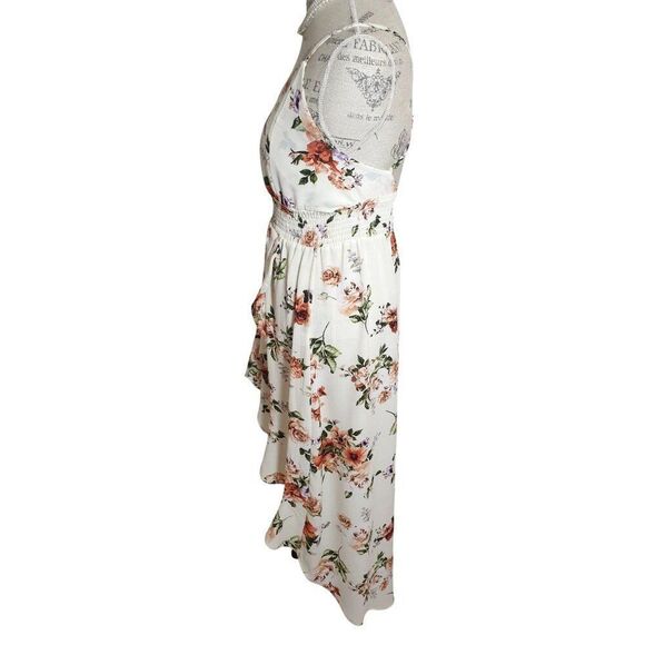 Boho Floral Print Cami Dress L Split Thigh Crossback Cascading Ruffles Midi - Picture 4 of 5